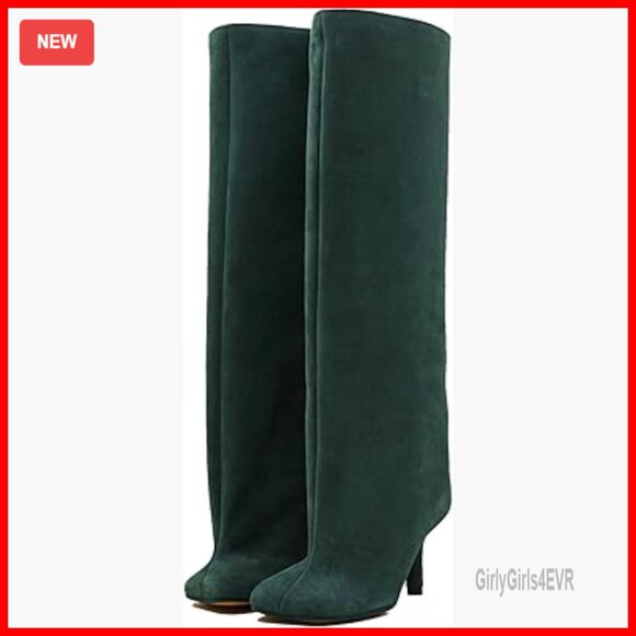 Knee High Suede Boots Wide Calf Square Toe Stiletto Heel Pull On